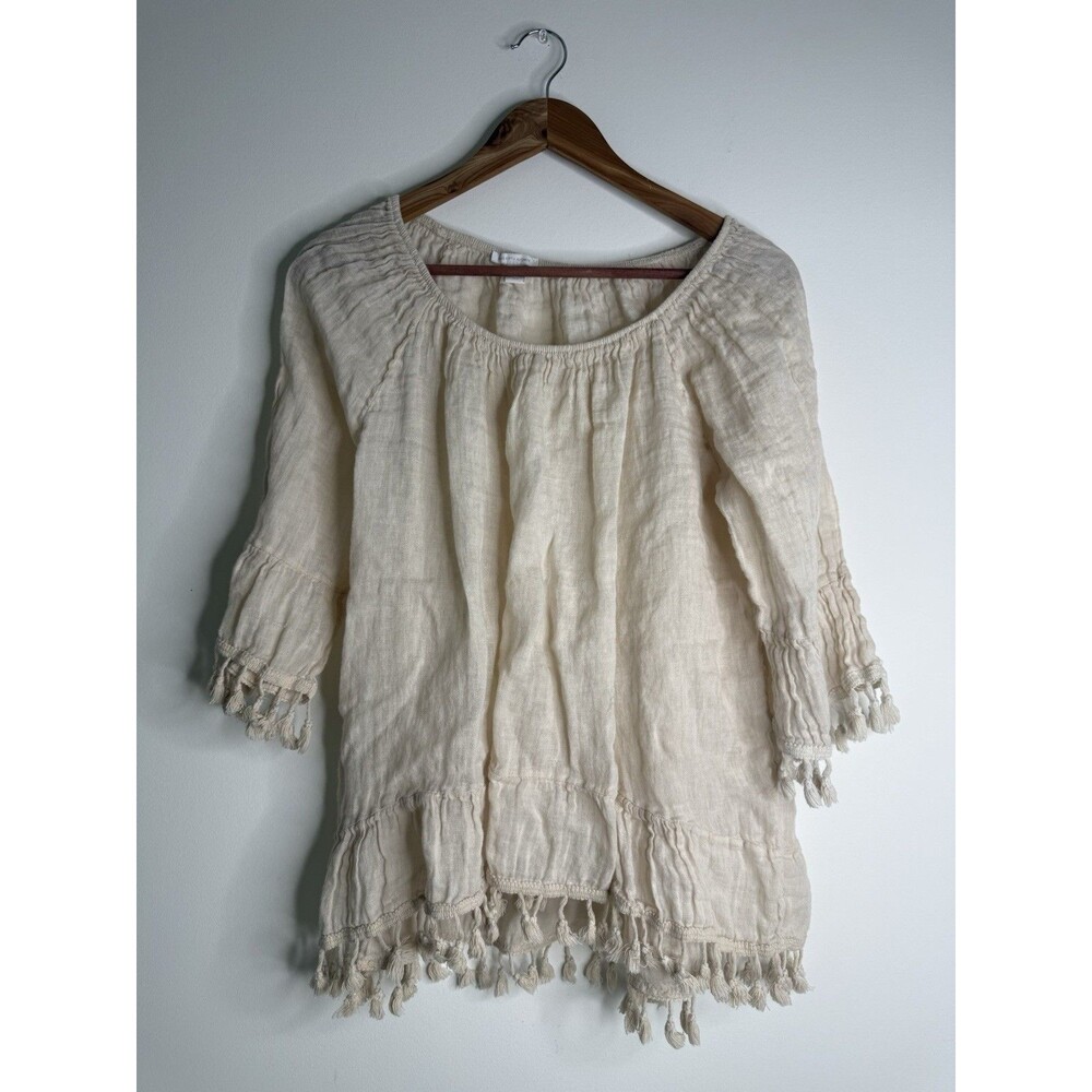 Saks Fifth Avenue Italy Linen Boho Peasant Top Tassel Trim Cream Size S